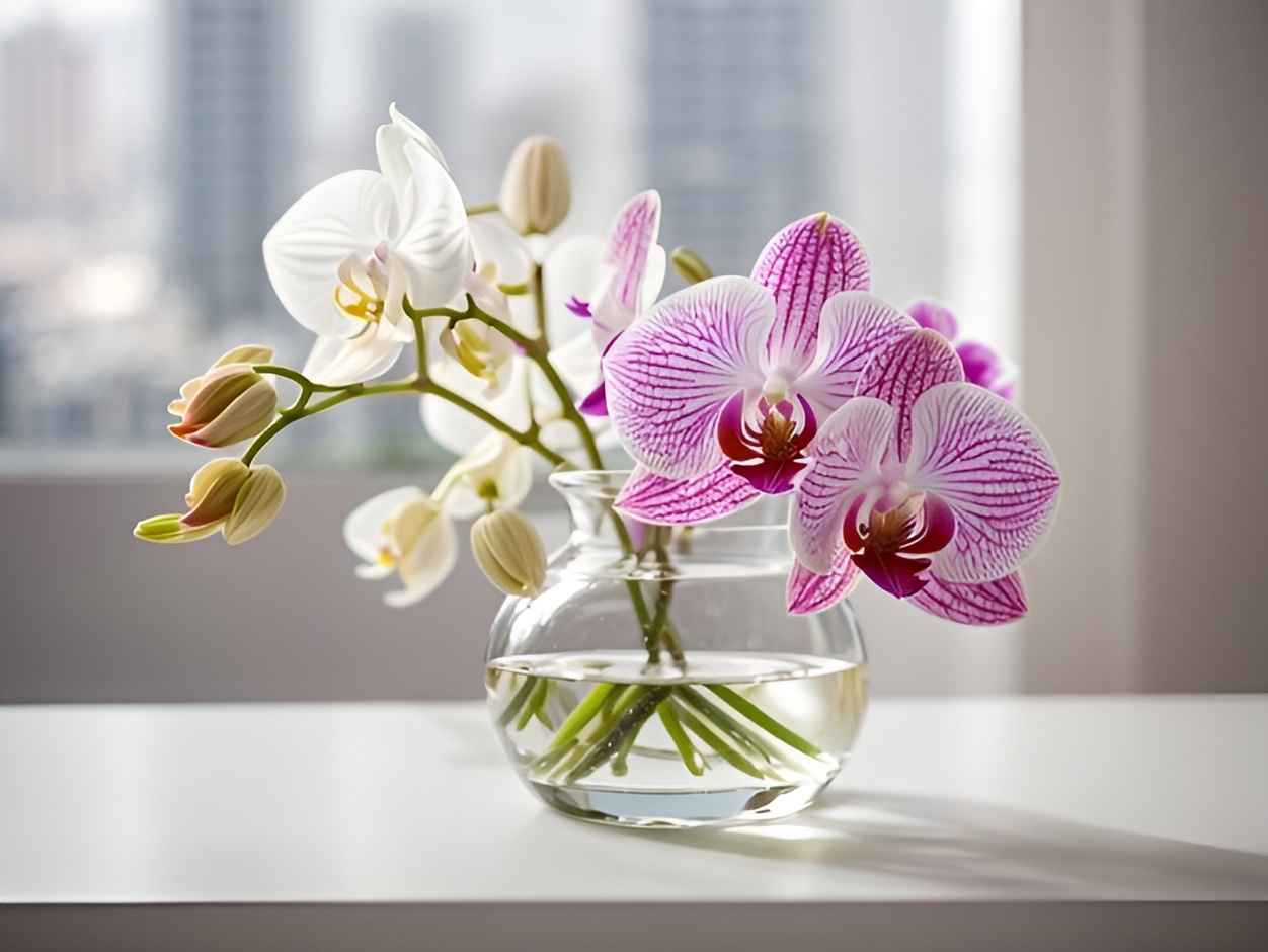 orchids in a vase near a window
